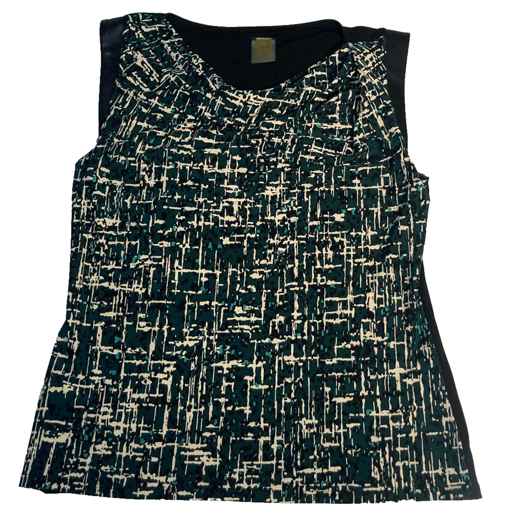 Anne Klein tank top cowl neck black green cream abstract print size 6